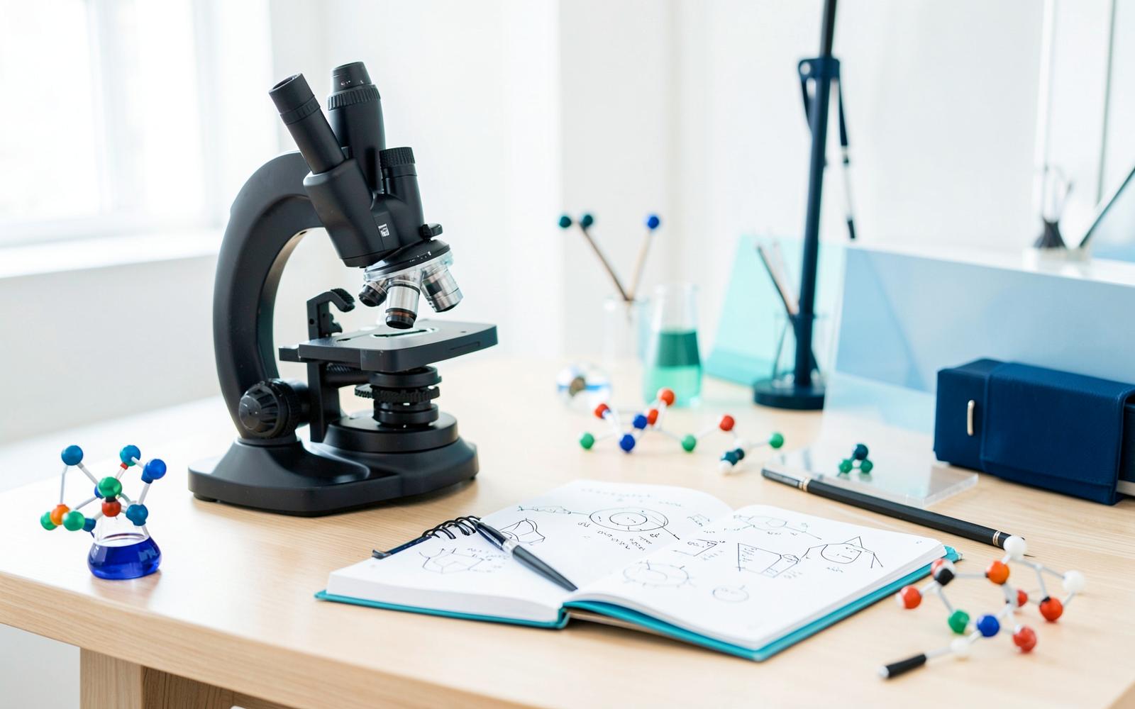 Microscope, molecular models and a notebook of science diagrams on a bright desk